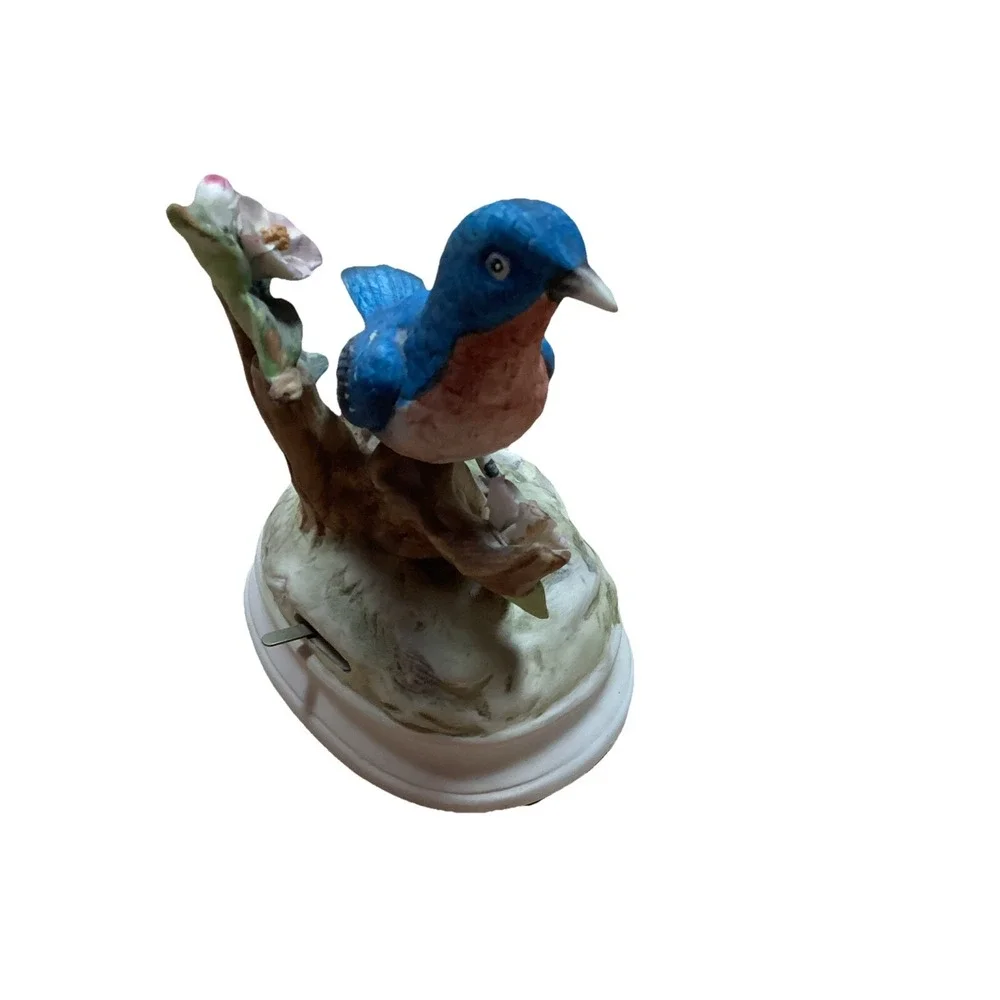 Vintage Porcelain Blue Jay On Branch Bird Figurine Decorative Plays Music